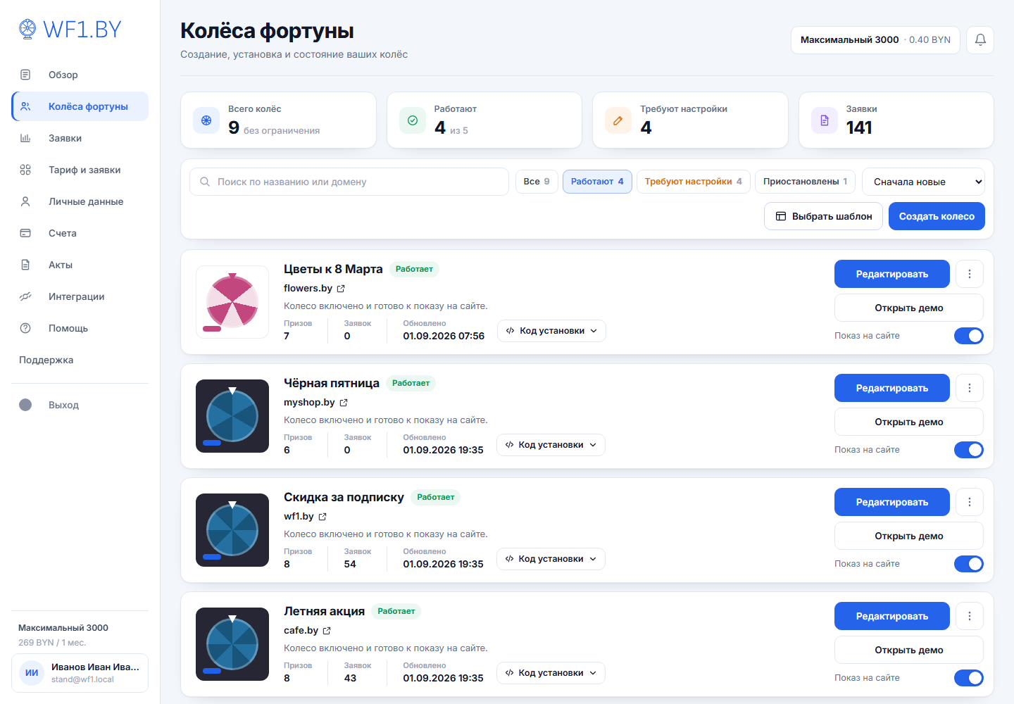 Список колёс: состояние каждой акции, редактирование и код установки