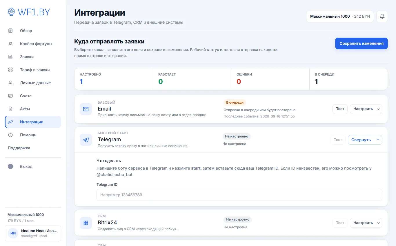 Раздел «Интеграции» в кабинете: сводка «Настроено, Работает, Ошибки, В очереди» и раскрытая карточка Telegram с полем для chat ID
