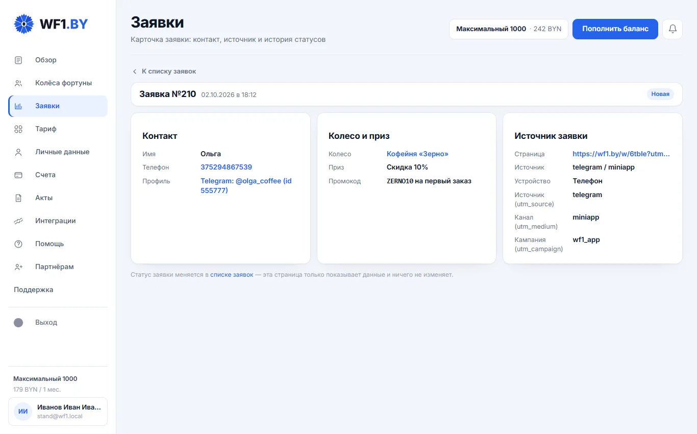Карточка заявки: в блоке «Контакт» строка «Профиль» с ником в Telegram, в «Источнике» — telegram / miniapp