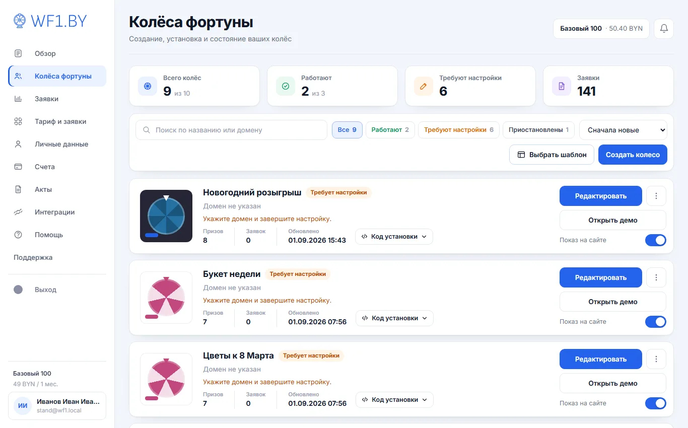 Показатели над списком колёс на тарифе с конечными лимитами: «Всего колёс 9 из 10» и «Работают 2 из 3»