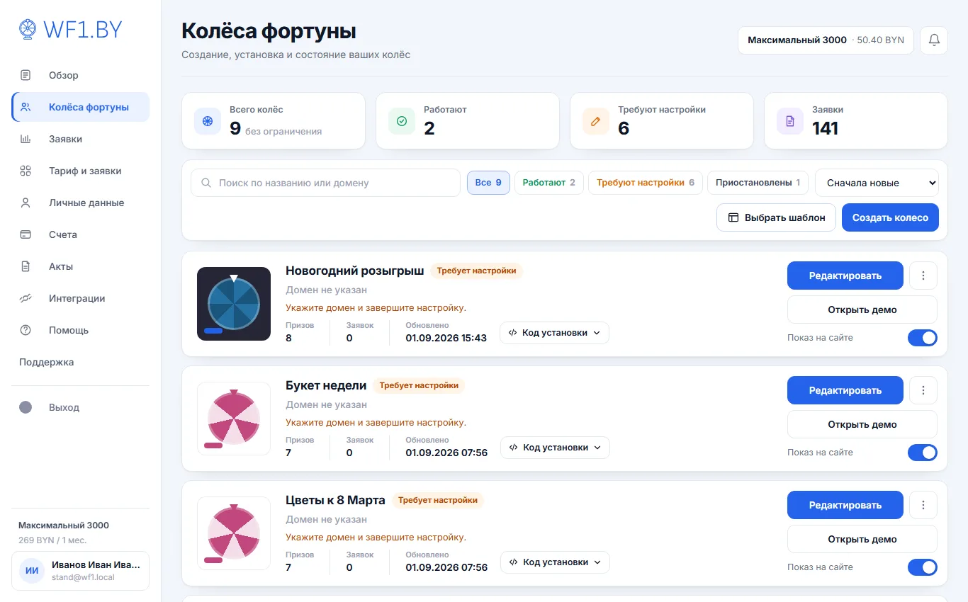 Раздел «Колёса фортуны»: показатели «Всего колёс», «Работают», «Требуют настройки», «Заявки» над списком, фильтры состояний и карточки колёс с переключателями показа